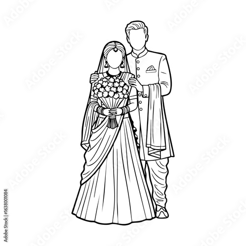 Minimal Hindu Wedding Bride Bouquet Groom Behind Vector Illustration