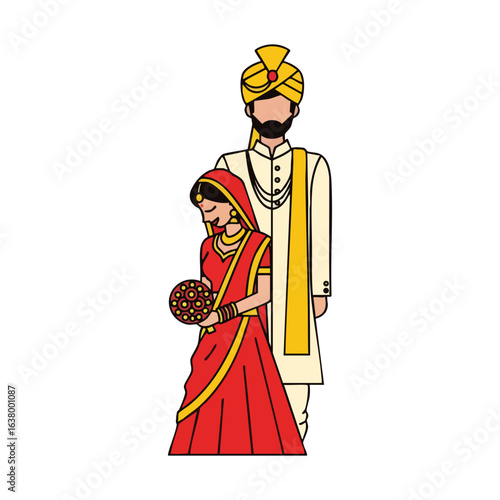 Minimal Hindu Wedding Bride Bouquet Groom Behind Vector Illustration