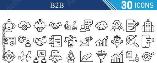 B2B icon set line editable stroke. Business to business, supplier, commerce, vendor, enterprise, partnership, manufacturer, purchase order, supply chain and more. Vector icons collection.