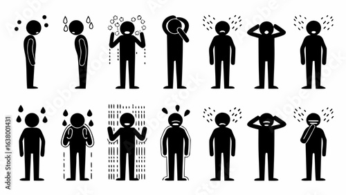 Illustration of various stick figures displaying different emotional and physical states in black and white