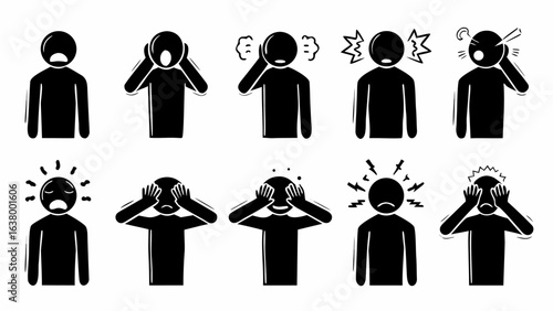 Ten stick figure illustrations displaying different emotions and reactions in black and white style
