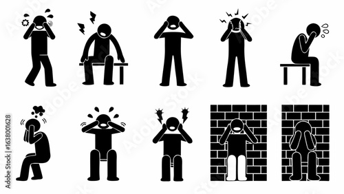 Illustration showing stick figures experiencing various forms of mental distress and emotional suffering