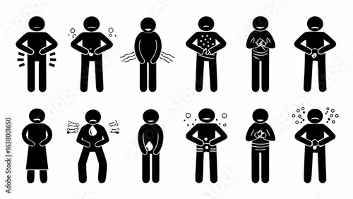 Illustration of stick figures showing different types of stomach problems and digestive system issues pain