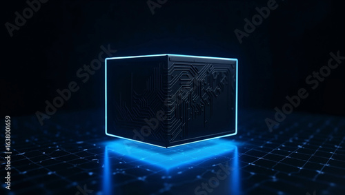 Sleek Black Digital Package Box With Neon Blue Glowing Edges And Circuit Patterns Hovering Over Reflective Platform