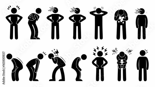 Illustrations of stick figures showing various symptoms and expressions of pain and discomfort in black