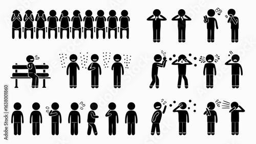 Illustration of stick figures showing various human emotions and actions in different situations