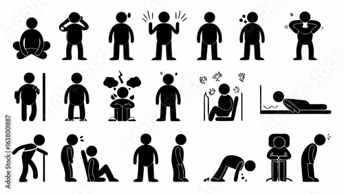 Various stick figure depictions of physical and emotional states in a single black and white image