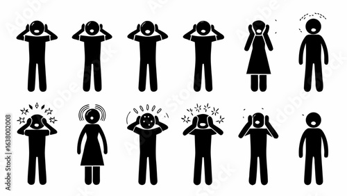 Illustration of stick figures expressing stress and anxiety with hands on their heads in black and white