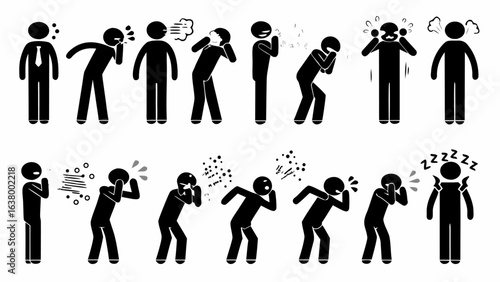 Illustration showing various stick figures exhibiting symptoms of illness and discomfort in black and white