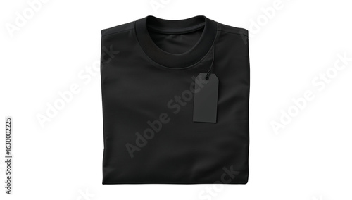 Folded black t-shirt with blank tag on black background for clothing brand promotion and