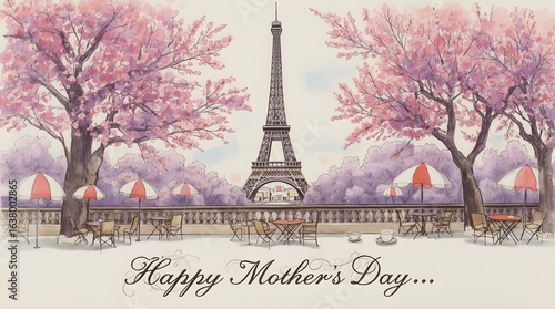 Mothers Day Greeting Card with Eiffel Tower, Cherry Blossom Tree, and Parisian Cafe