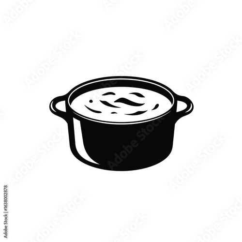 Black and white illustration of a pot of soup with handles