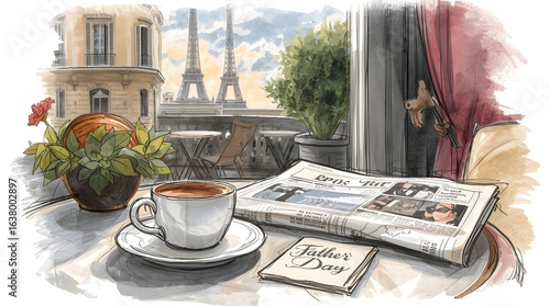 French café scene with a newspaper and coffee cup