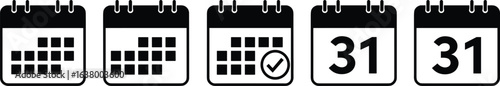 Calendar icons with date 31, checkmark, monthly grid, deadline reminder, schedule symbol, flat design, isolated