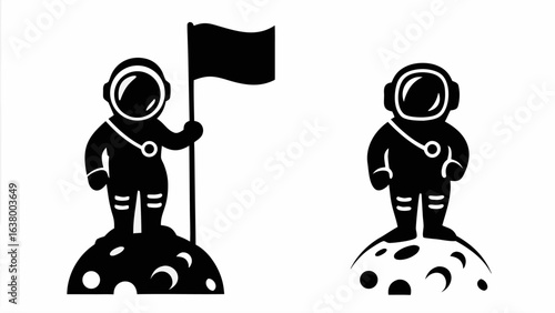 Two astronauts on lunar surface one holding flag in black and white simple vector illustration style art silhouette