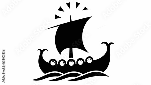 Illustration of a black viking ship with a sail and decorative elements on a white background image art silhouette