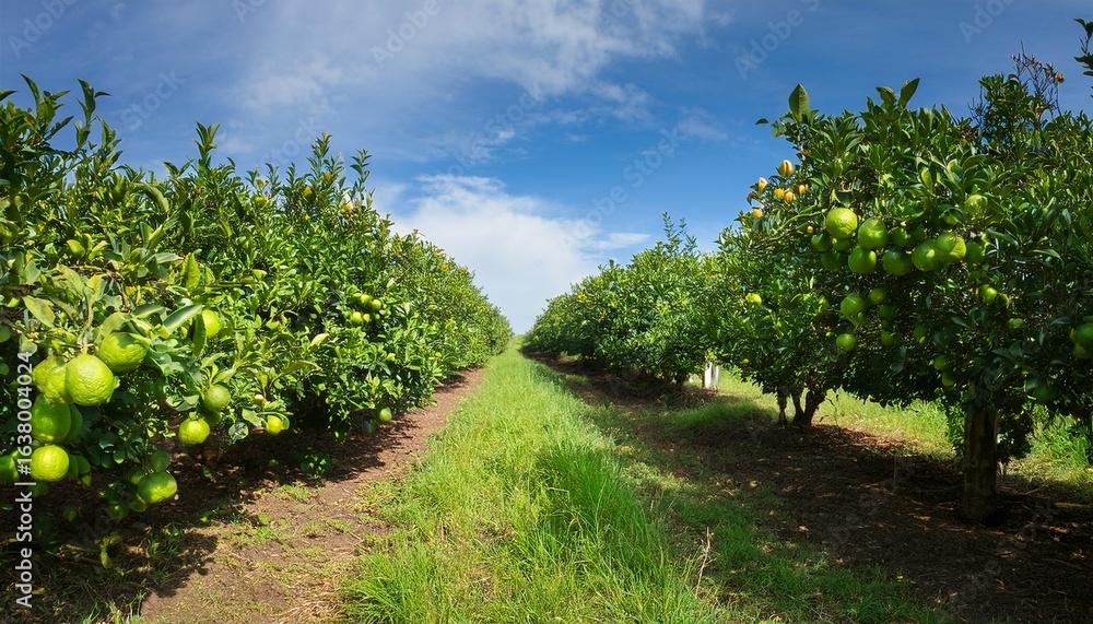 Naklejka premium lime orchard with rows of lime trees bearing ripe fruits showcasing lush greenery and abundance of limes
