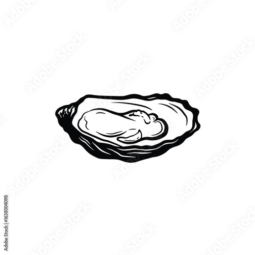 Black and white illustration of a single oyster on a white background