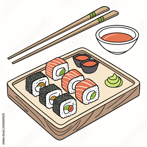 clean stylish elegant modern detailed professional high quality A Colorful Sushi Platter with Chopsticks and Dipping Sauces