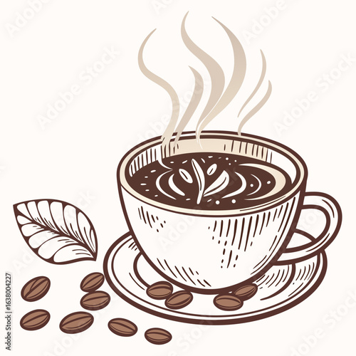 elegant modern detailed professional high quality A steaming cup of coffee with a saucer and coffee beans