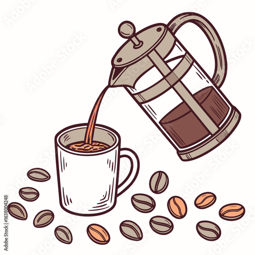 high quality A French press coffee maker pouring coffee into a white mug surrounded by coffee beans