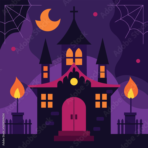 Spooky mansion interior with flickering candle light and haunted decor