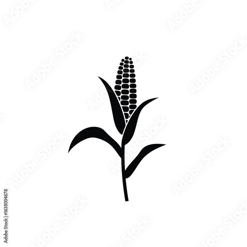 Simple black silhouette of a corn stalk with an ear of corn