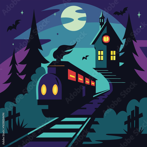 Spooky train arriving at haunted station with ghostly passengers