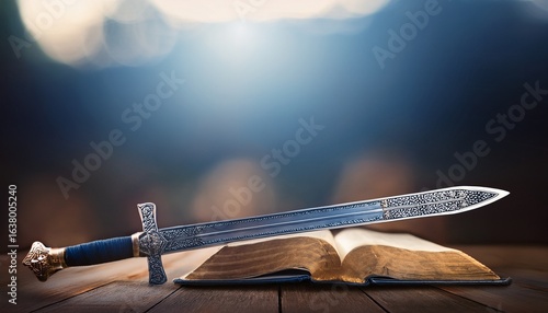 a bible and a sword blurred background