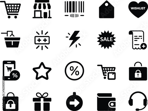 Collection of black shopping and e commerce icons on white background