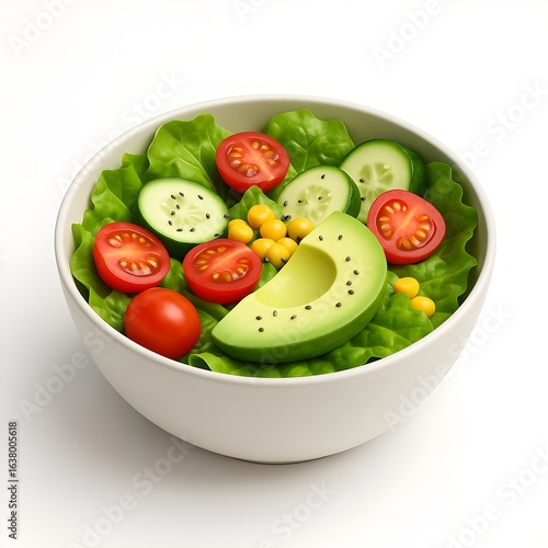 Fresh Vegetable Salad with Avocado, Cherry Tomatoes, and Cucumber in White Bowl