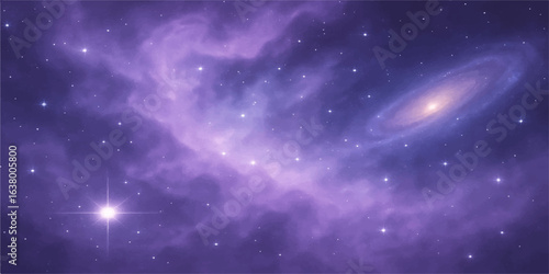 An abstract illustration of a dark cosmic space with bright stars and a nebula