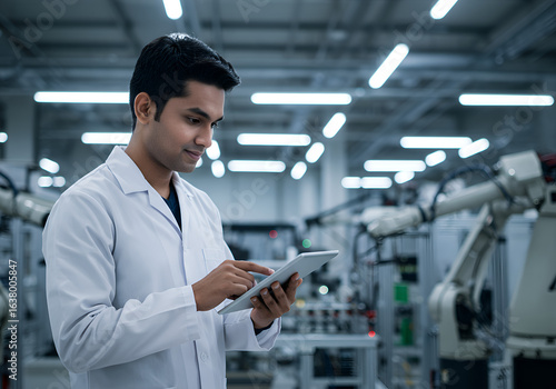 A young man in a lab coat uses a tablet, surrounded by robotic arms in a factory setting.