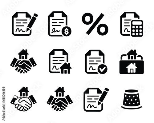 Business and real estate vector icon set. Simple glyphs for finance, contracts, property agreements, and investment.