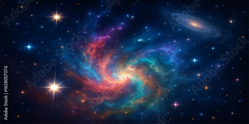 An abstract depiction of a cosmic nebula, with glowing stars and bright, swirling dust creating a fantasy-like universe