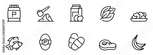 Clean line art icons:  protein powder, scoop, eggs, greens, salad, fish, supplement pill, steak, banana; healthy eating, diet, nutrition, fitness infographic elements.