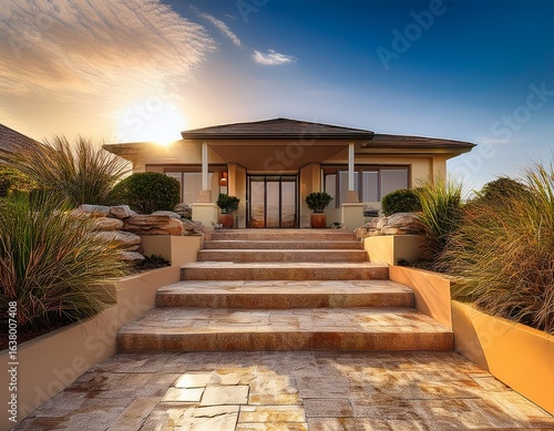 sandstone steps with a warm hue smoothly guiding visitors to the front entrance of a beach house