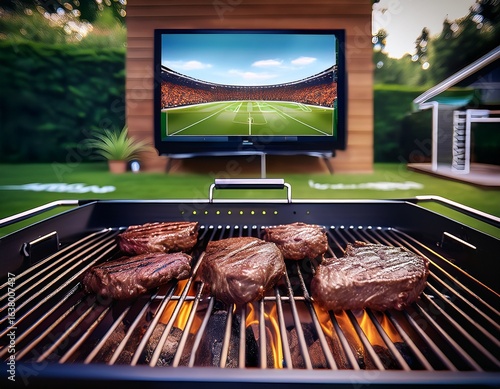 grilling steaks on a barbecue grill outdoors with a tv showing a football game in the background perfect for a backyard party