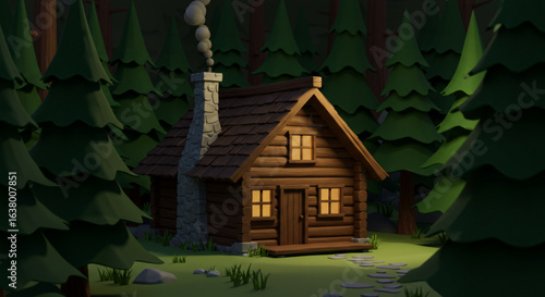 3D vector of a wooden cabin surrounded by pine trees