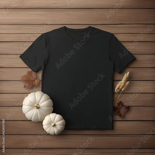 Halloween Black T-Shirt Mockup with Spooky Design on Tiles Background