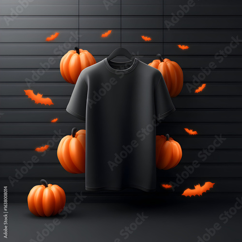 Halloween Black T-Shirt Mockup with Spooky Design on Tiles Background