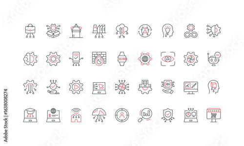 Digital transformation change process, product and business solution, AI line icon set. Robotic engineering, data personalization, tech innovation thin black and red outline symbol vector illustration
