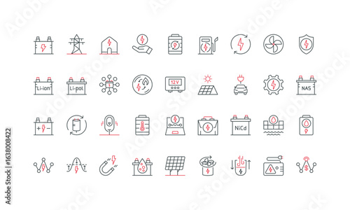 Energy storage and power grid distribution, wind and backup generator, photovoltaic system line icon set. EV battery and charge station, inverter thin black and red outline symbols vector illustration