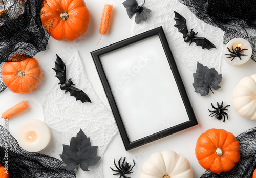 Halloween pumpkin Wall Mockup frame and border with autumn leaves and harvest elements background