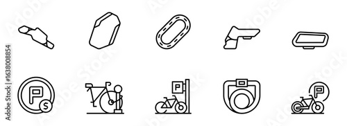 Modern Minimalist Line Icons: Bicycle Parking, Payment, Security, and Accessories for Urban Cycling and Transportation.