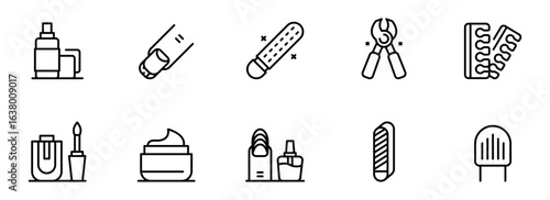 Modern Minimalist Line Art Icons: Manicure, Pedicure, and Beauty Products; Clean, Simple Style; Professional, Elegant Mood.