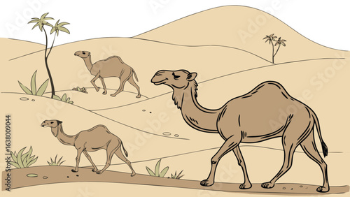 Camel and camels in the desert at sunset silhouette illustration