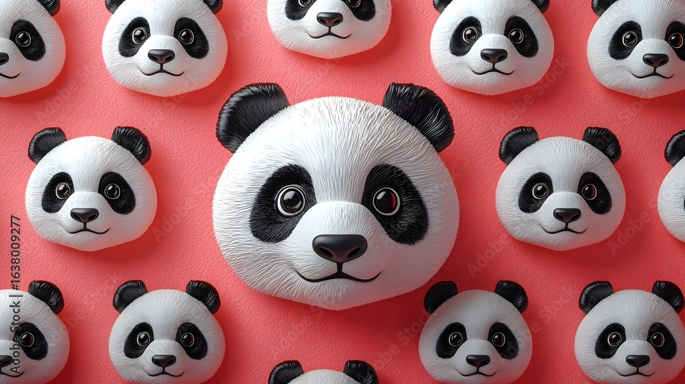 Obraz premium Cute 3D panda toy heads on soft pink background