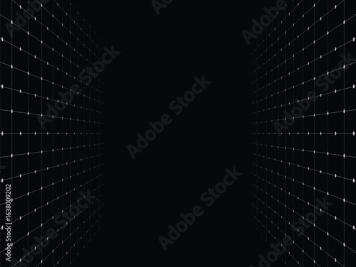 Abstract technology background with a perspective grid receding into a dark, infinite virtual space. Futuristic data network concept.
