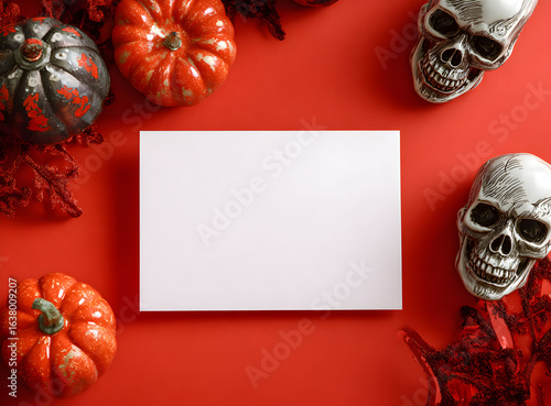 Halloween decoration card with a blank sign and orange pumpkin Mockup 